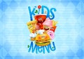 Kids menu list design concept with hot dog, burger, french fries, pizza, donut, ice cream, muffin and drink as a cartoon