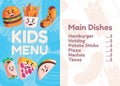 kids menu template of children restaurant meals list of food template design with illustration of burger hot dog french
