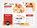 Kids menu. Young chefs and kitchenware, boys and girls cook food, design for cafe or restaurant flyer, menus cover