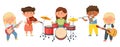 Kids music band, cartoon children playing musical instruments together. Child musicians playing on violin, guitar, drums