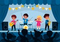 Kids music band. Children stage performance, girls and boys play musical instrument and sing on scene, musicians with Royalty Free Stock Photo