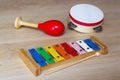 Kids Musical instrument. Xylophone, maraca and tambourine. Colorful toys