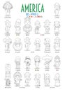 Kids and nationalities of the world vector: America. Set of 25 characters for coloring dressed in different national costumes Royalty Free Stock Photo