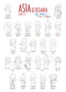 Kids and nationalities of the world vector: Asia and Oceania Set 1 of 2. Set of 24 characters for coloring in national costumes Royalty Free Stock Photo