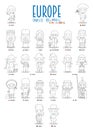 Kids and nationalities of the world vector: Europe Set 1 of 2. Set of 22 characters for coloring dressed in national costumes Royalty Free Stock Photo