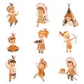 Kids in native Indian costumes and headdresses having fun set, children playing in American Indians vector Illustrations Royalty Free Stock Photo