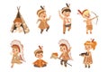 Kids in native Indian costumes and headdresses having fun set, children playing in American Indians vector Illustrations Royalty Free Stock Photo