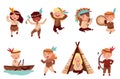 Kids in Native Indian Costumes and Headdresses Having Fun Vector Set Royalty Free Stock Photo