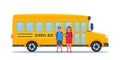 Kids near yellow classic school bus. Back to school concept. Vector illustration Royalty Free Stock Photo