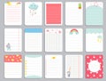 Kids notebook page template vector cards, notes, stickers, labels, tags paper sheet with unicorn illustrations.