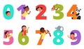 Kids numbers. Children animal on number, colorful dates design. Childish elements for stickers, sale banners, birthday