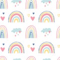 Kids nursery. Cute hand drawn seamless pattern with smiling rainbows, clouds and hearts. Baby shower. Children doodle