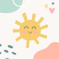 Kids Nursery Decoration With Funny Sun. Organic Shapes Cover Design In Pastel Colors. Hand Drawn Unique Doodle Objects