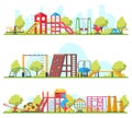 Kids outdoor fun recreation park or playground banners. Swing, slide and sandbox playground equipment vector illustration set. Royalty Free Stock Photo