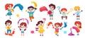 kids with paint. art school kindergarten entertainment, happy cute funny children with brushes and colours, drawing Royalty Free Stock Photo