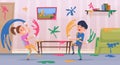 Kids with paint. Little artists playing with color paints and brushes exact vector cartoon background