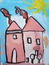 Kids painting artwork of houses in shades of ash pink colors