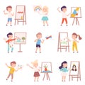 Kids Painting on Canvas Set, Little Artists Characters Drawing on Easel, Paper and Wall with Paints and Pencils Cartoon Royalty Free Stock Photo