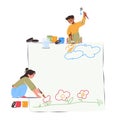 Kids Painting on Paper Sheet Lying on Floor. Little Boy or Girl Characters with Paints and Brush Create Colorful Picture