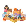 Kids painting and playing with toys together in kindergarten vector cartoon illustration. Royalty Free Stock Photo