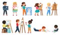 Kids painting set with cartoon young artists drawing art work with painting tool Royalty Free Stock Photo