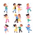 Kids pair dancing. Funny young dancers collection, little musical couples, friends beat moving, cute boy and girl listen Royalty Free Stock Photo