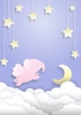 Kids paper cut background with cute pink sleeping elephant with wings, flying at night in the sky surrounded stars and crescent Royalty Free Stock Photo