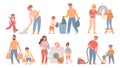 Kids and parents cleaning. Children helps adults with housework, sweeping, do laundry, throw out garbage. Cartoon family