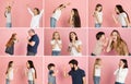 Collage of different families, mother and son, father and daughter  over pink background. Relationship concept Royalty Free Stock Photo