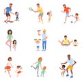 Kids with parents playing football, tennis, ping pong, riding on skateboards and rollers, working out with dumbbells and Royalty Free Stock Photo