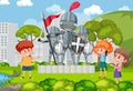 Kids at the park with knight statue