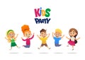 Kids party cartoon background with funny company of boys and girls vector illustration