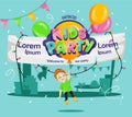 Kids Party design template, invitation card with child, balloons, text. Vector illustration.