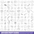 100 kids party icons set, outline style Royalty Free Stock Photo