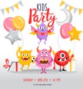 Kids Party Invitation Poster In Flat Cartoon Style. Vector Illustration Of Children Party Placard With Happy Smiling