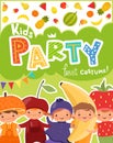 Kids party invitation. Vector design template of invitation with illustrations of funny kids in fruit costumes