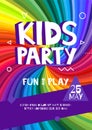 Kids party letter sign poster. Cartoon letters and shapes in abstract rainbow rays colorful background. Vector flyer template illu Royalty Free Stock Photo