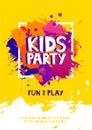 Kids party letter sign poster. Cartoon letters and splashes in Grunge abstract paint brush colorful background. Vector flyer templ