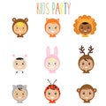 Kids party outfit. Children in animal carnival costume, vector illustration Royalty Free Stock Photo