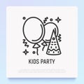 Kids party thin line icon: balloons, confetti, decoration. Modern vector illustration. Logo for event service