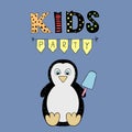 Kids Party vector lettering, party illustration with baby penguin