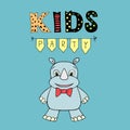 Kids Party vector lettering, party illustration with baby rhino Royalty Free Stock Photo