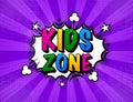 Kids Party Zone banner in cartoon style. Sunburst background. Place for fun and play, kids game room. Poster for Royalty Free Stock Photo