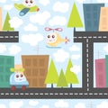 Kids pattern with city landscape, cute helicopter, airplane, and car. Baby texture.Vector Illustration.