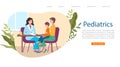 Kids pediatrician doctor web banner, little patient with mother at pediatrist medical consultation, medics cartoon