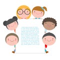 Kids peeping behind placard, Cute little children on white background,Vector Illustration. Royalty Free Stock Photo