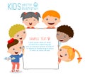 Kids peeping behind placard, happy children, Cute little kids on white background