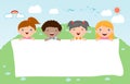 Kids peeping behind placard, happy children, Cute little kids on white background,Vector Royalty Free Stock Photo