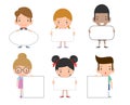 Kids peeping behind placard, happy children, Cute little kids on white background,Vector Illustration. Royalty Free Stock Photo