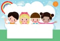 Kids peeping behind placard, happy children, Cute little kids on white background,Vector Illustration Royalty Free Stock Photo